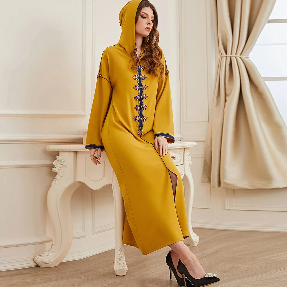 Diamond Hooded Abayas For Women Long Sleeves 2022 Arabic Traditional Gulf Jalabiya Dubai Kaftan Dress Muslim Abaya Turkey Islam