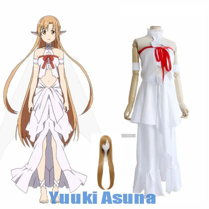 

Горячие костюмы на Хэллоуин Аниме Yuuki костюм Asuna для косплея (костюмированных игр) SAO Sword искусство онлайн костюмы тюремная юбка женский полный комплект белое платье с париком