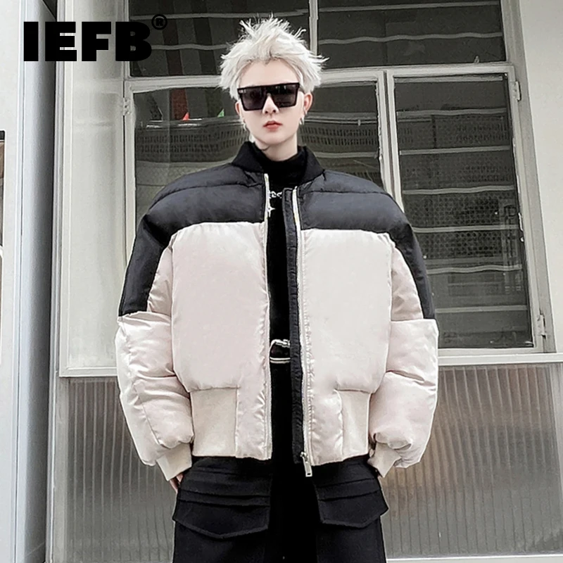 IEFB Winter Color Contrast Splice Bottom Men's Loose Short Cotton Coat 2022 Patchwork Zipper Stand Collar Male Jacket 9A6175