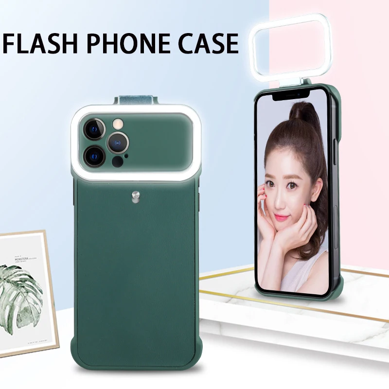 Cell Phone Case with LED Shell Flash for IPhone 11 12 13 Pro Max Selfie Beauty Smartphone Soft Protective Shell with Ring Flash