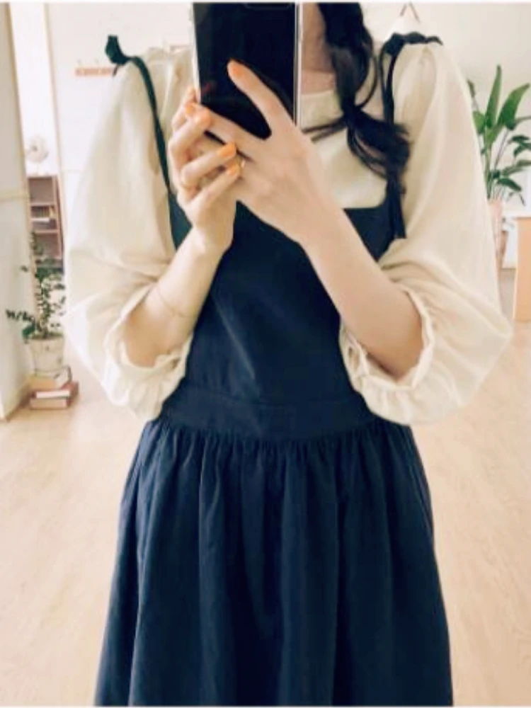 2022 Корейский японский стиль длинное макси платья женщин Flhjlwoc дизайн без рукавов без бретелек лук ретро хлопок смешанных тканей высокий класс платье 4828 на.