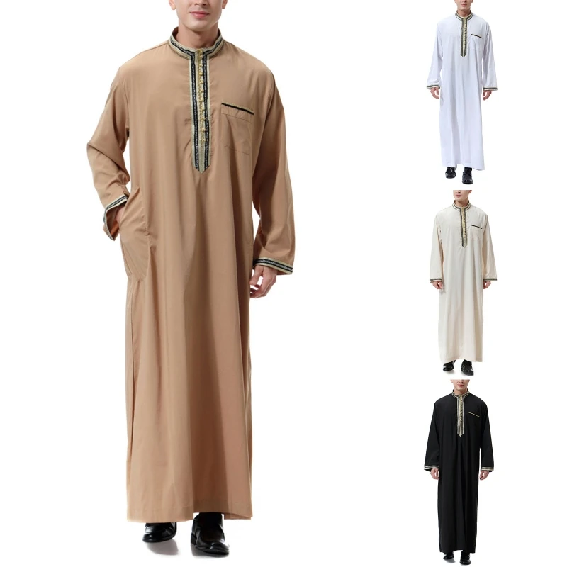 Vintage Simple Muslim Dress Caftan Robe Long Sleeve Stand Collar Jubba Thobe Man Leisure Dress Thobe Islamic Clothing