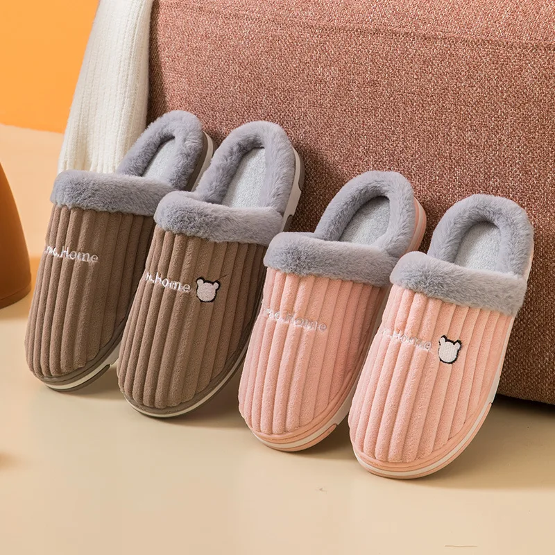 

BEVERGREEN Corduroy Rabbit Fur Couple Women Home Slippers Winter Warm Stripe Plush Shoes Home Men EVA Sole Fluffy Slides