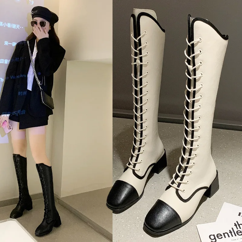 2021 Autumn and Winter New Net Red Boots Thick Heel Lace-up Boots Single Boots High Knight Boots Long Boots Thin Boots Women