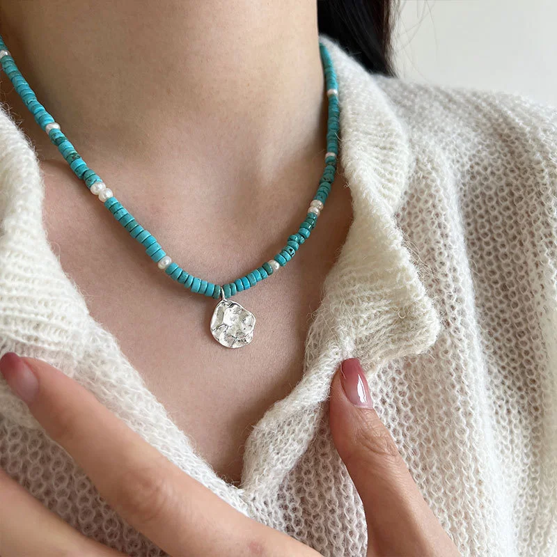 

S925 Sterling Silver Irregular Round Necklace Green Turquoise Pearl Collar Chain Temperament Handmade Beaded N1005