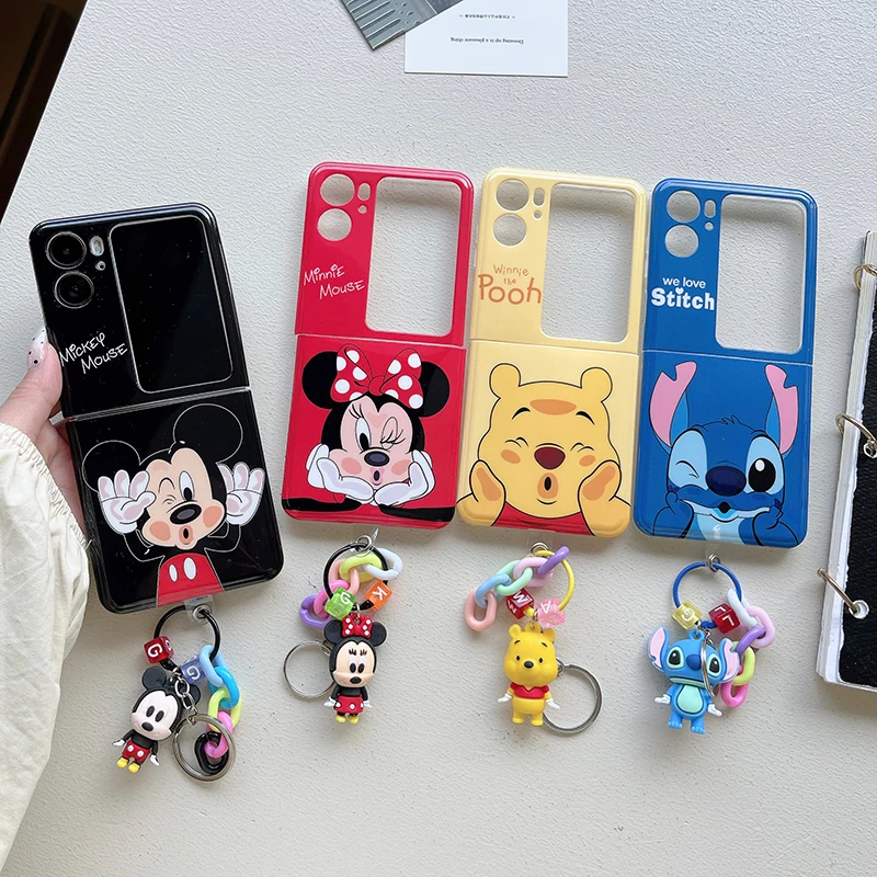 

Cute Disney Mickey Minnie Stitch With Keychain Charm 3D Doll Flower Hand Chain Phone Case For OPPO Find N2 Flip Shockproof Cover