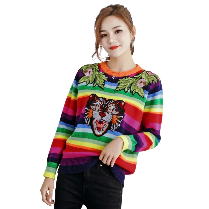

Luxury Oversized Sweaters Women Rabbit Fur Cat Pullover Cartoon Tiger Floral Embroidery Knitted Sweater Rainbow Striped