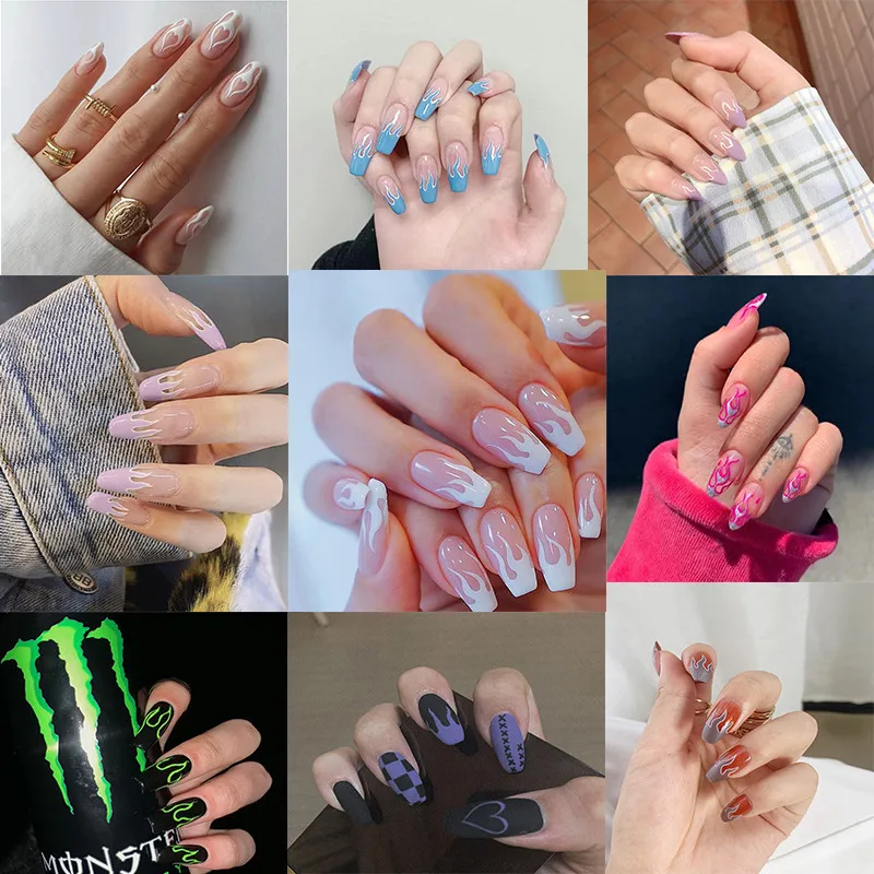

24Pcs/Box Halloween Style Flame False Nails Tip Press On Nail Fashion Manicure Patch Full Cover Detachable Fake Nail With Glue