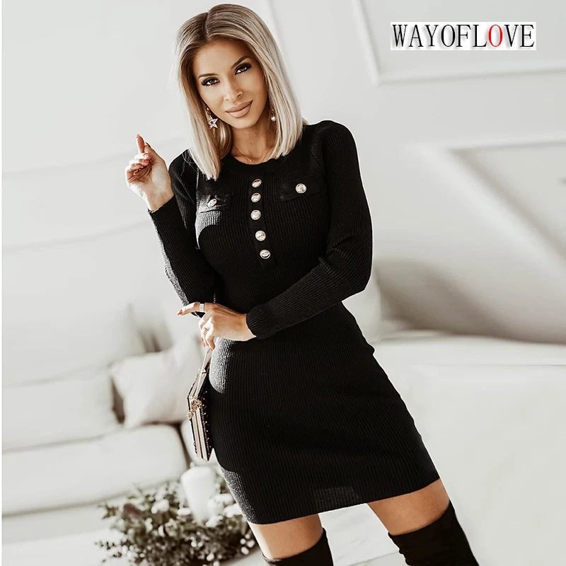 

WAYOFLOVE Autumn Winter Elegant Dresses Women Black Long Sleeve Button Slim Sexy Kint Dress Women Party Casual Mid Dresses Woman