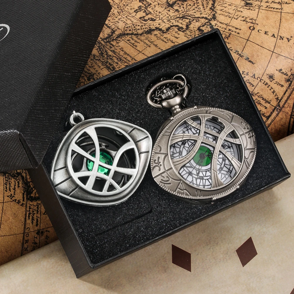 Quartz Pocket Watch Necklace Gift Set for Men Hollow Green Eye Pendant Pocket Clock Retro Strange Souvenir Sweater Fob Chain