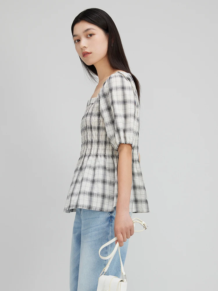 Трансляция клетчатая рубашка с объемными рукавами и квадратным воротником