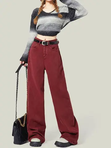 Женские джинсы с широкими штанинами в простом американском стиле, красные кирпичные свободные прямые драпированные штаны в пол с высокой талией, 2023