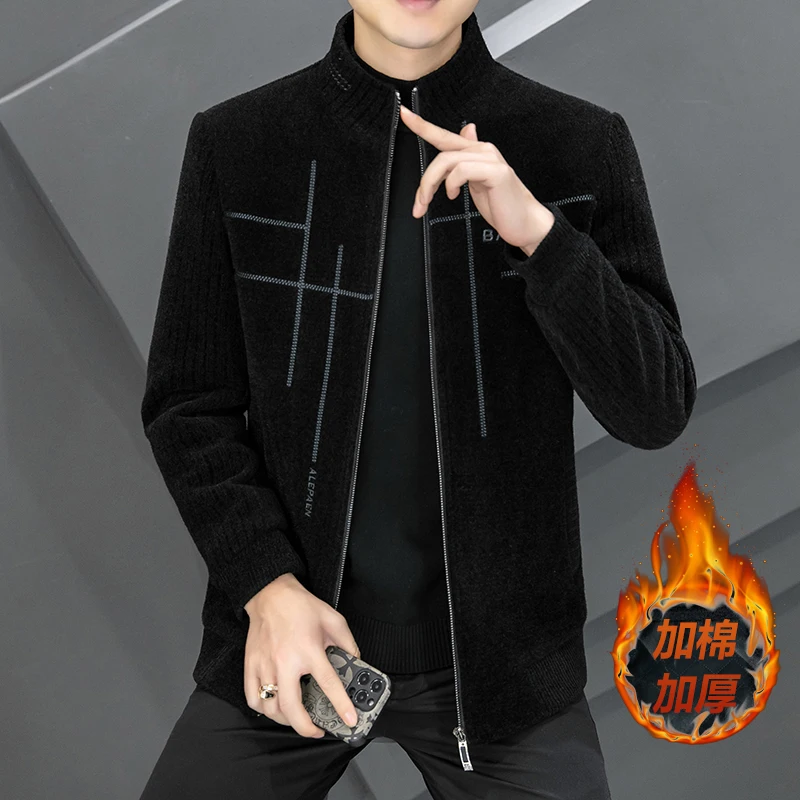 

Winter Striped Woolen Jackets Men Stand Collar Thicken Warm Wool Blends Jacket Casual Business Social Overcoat Streetwear M-4XL