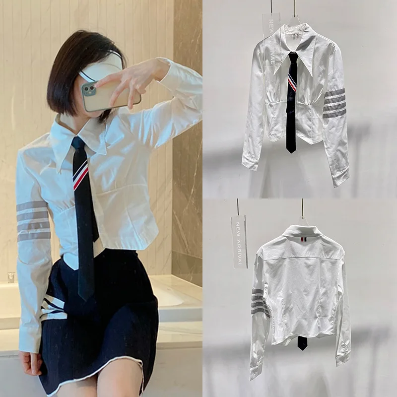 

TB Slim Fit Tie Long Sleeve Shirt Women's 23 Spring and Summer New Style College Pure Lust Style White Slim Waist Bottom Top