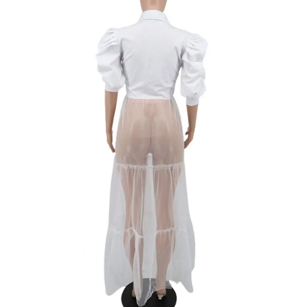 

Turn-down Collar Stylish Bubble Sleeves Loose Hem Women Jacket Belt Women Jacket Cardigan Model Clothing