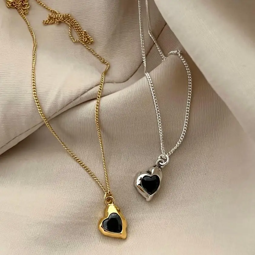 

Korean Korean Style 925 Sterling Silver Necklace Black with Love Zircon Necklace Ins Personality Necklace
