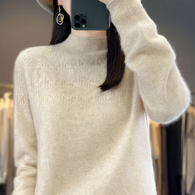 

Line Shaped Half High Neck Sweater for Women's Loose Autumn and Winter New Style with Knitted Bottom Sweater