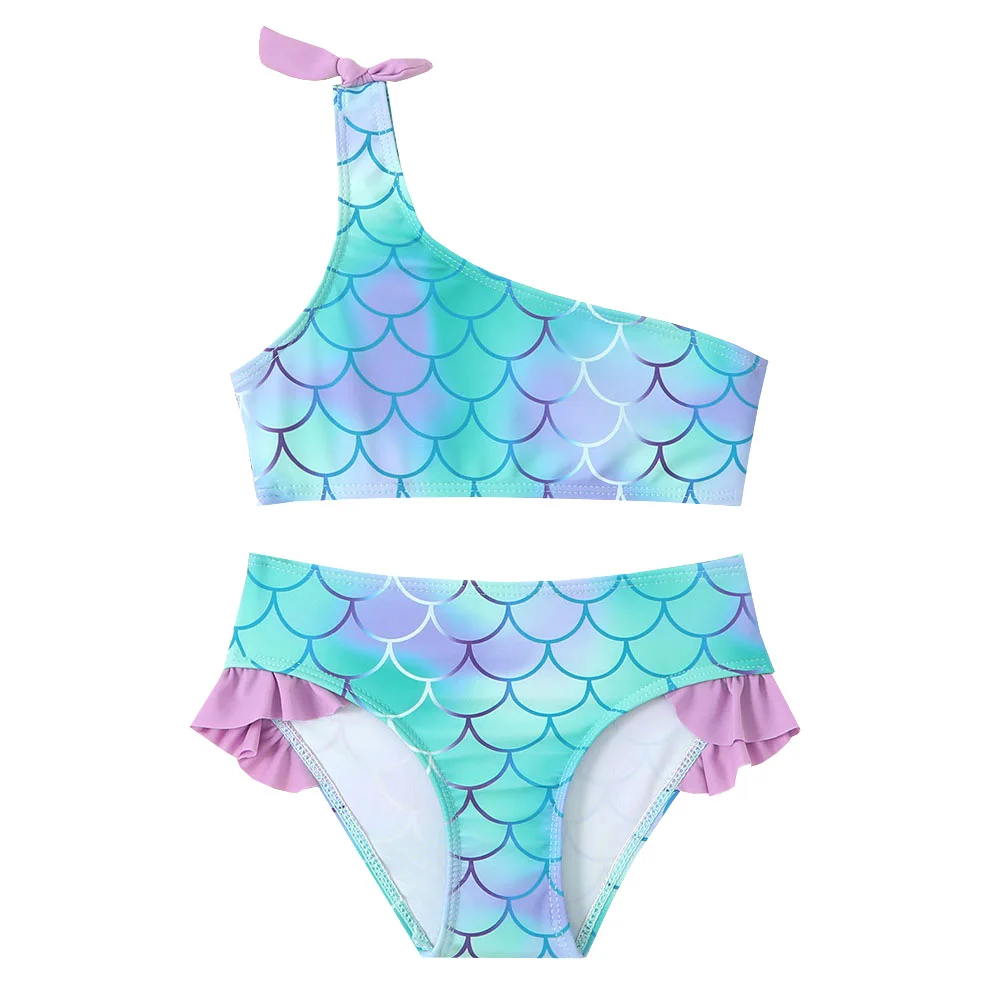 Fish Scale Print Girl Swimsuit Kids Mermaid Two Piece Children's Swimwear One Shoulder Bikini Set 2-8 Years Toddler Bathing Suit