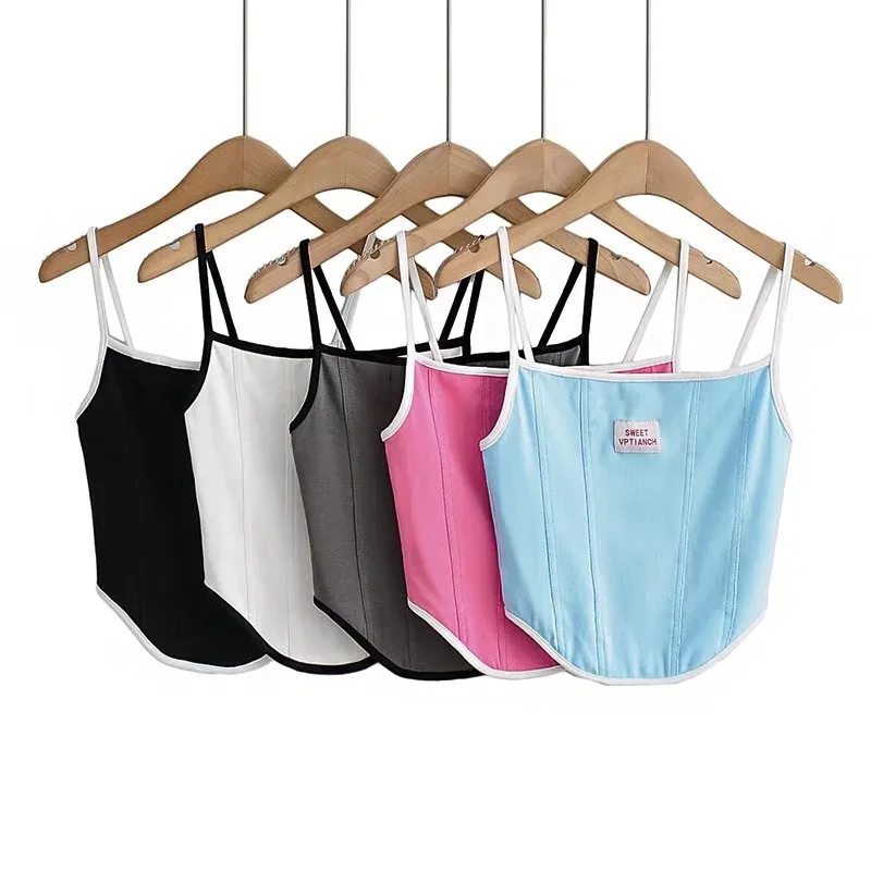 

Женский летний топ Y2k, новый цветной жилет на бретелях, пикантный двойной квадратный шейный контрастный укороченный топ с рыбьей косточкой, топ женский