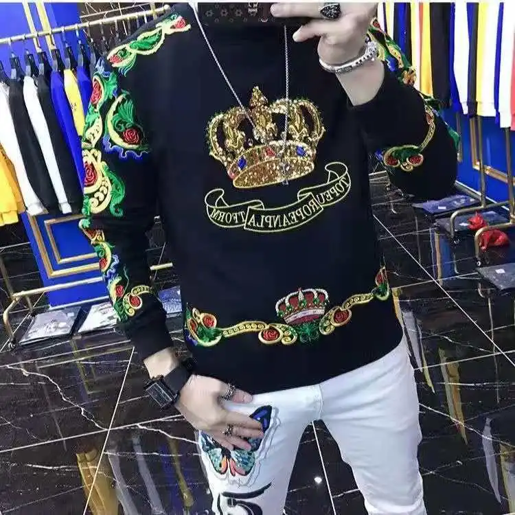 

Spring New Heavy Industry Embroidery Crown Men's Sweater Fashion Long Sleeve T-shirt Round Neck Sweater
