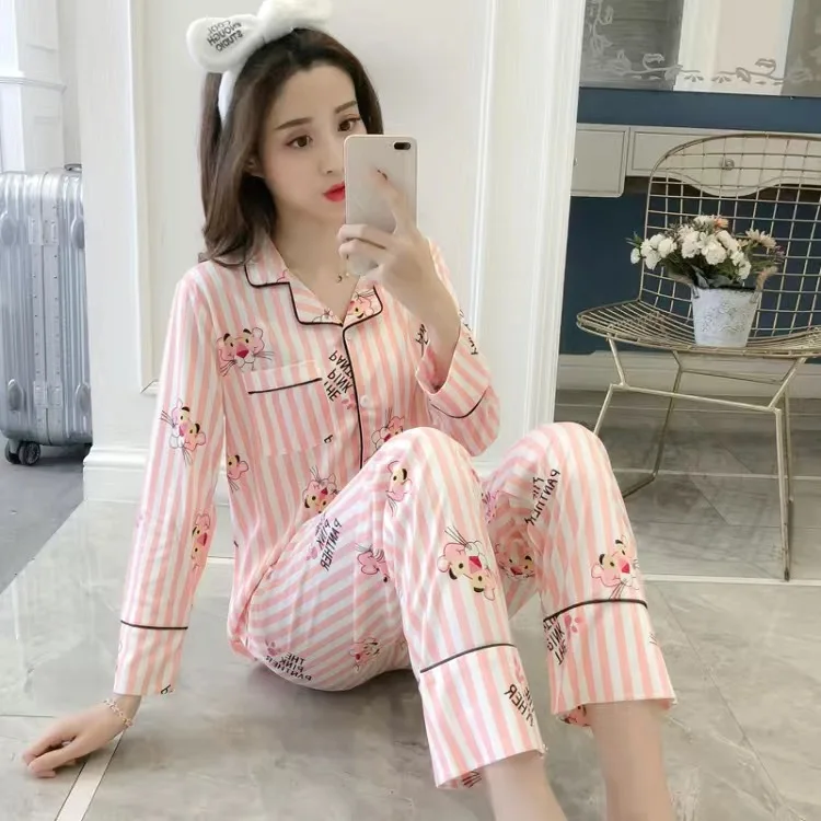 

Sleepwear Women's Spring and Autumn Hot Style Long-sleeved Trousers Pajamas Women's Cardigan Cartoon Loose Lapel Home Service