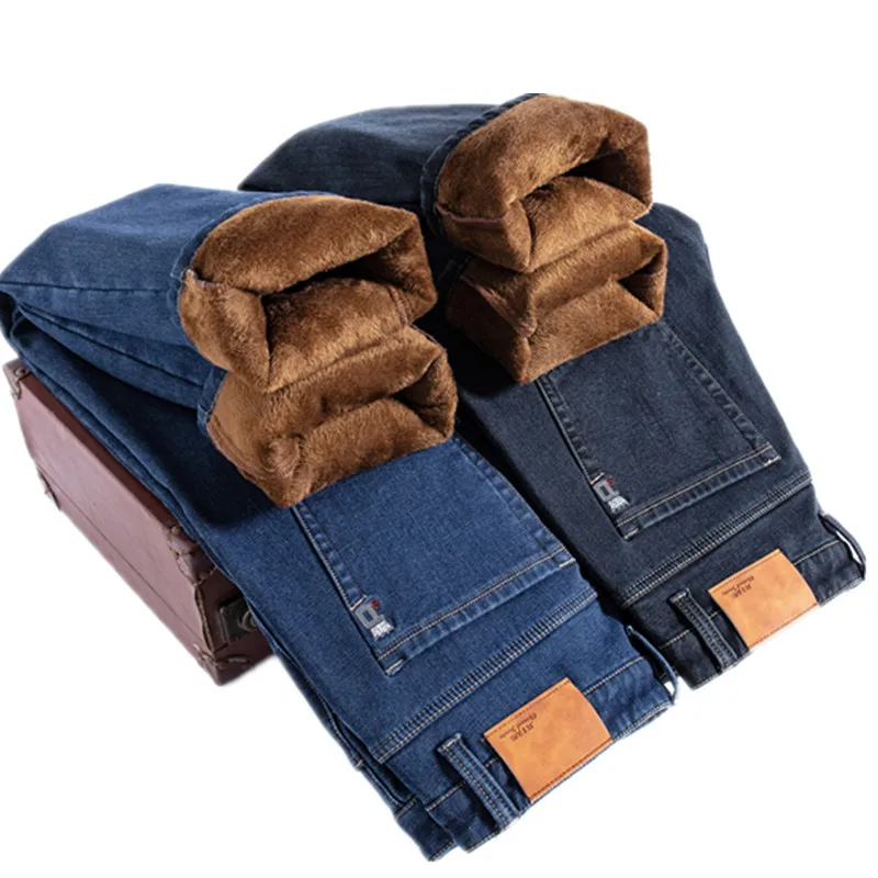 Winter Business Casual Cotton Stretch Denim Warm Pants  Men's Blue Black Fleece Thick Jeans Classic Style Plus size 42 44 46