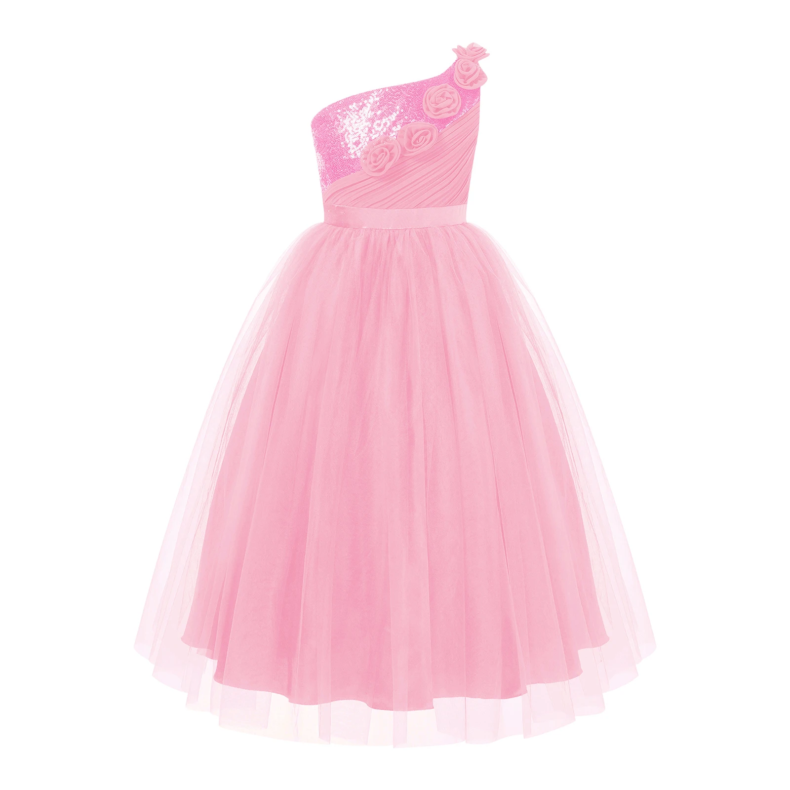 

Kids Girls Flower Applique Sequins Party Dress One-Shoulder Pleated Bodice Tulle Maxi Dresses Pageant Wedding Birthday Ball Gown