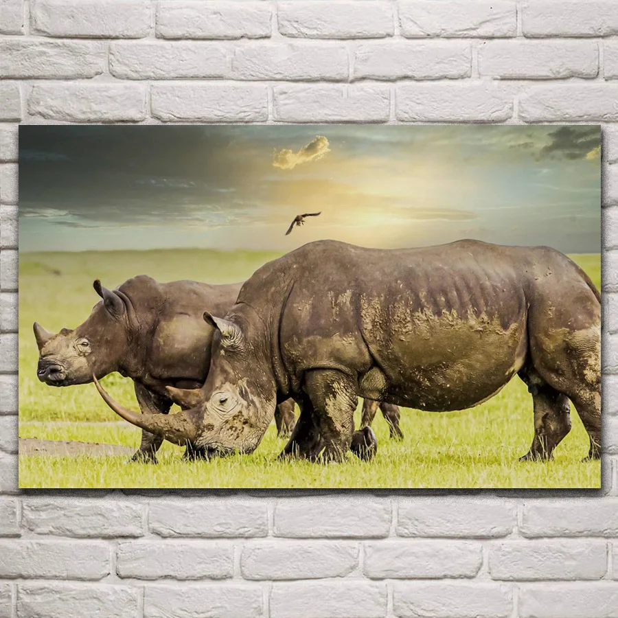 

Носороги дикая природа дикие животные Африканский вечерний пейзаж гостиная украшение для дома художественные тканевые плакаты на стену ка...