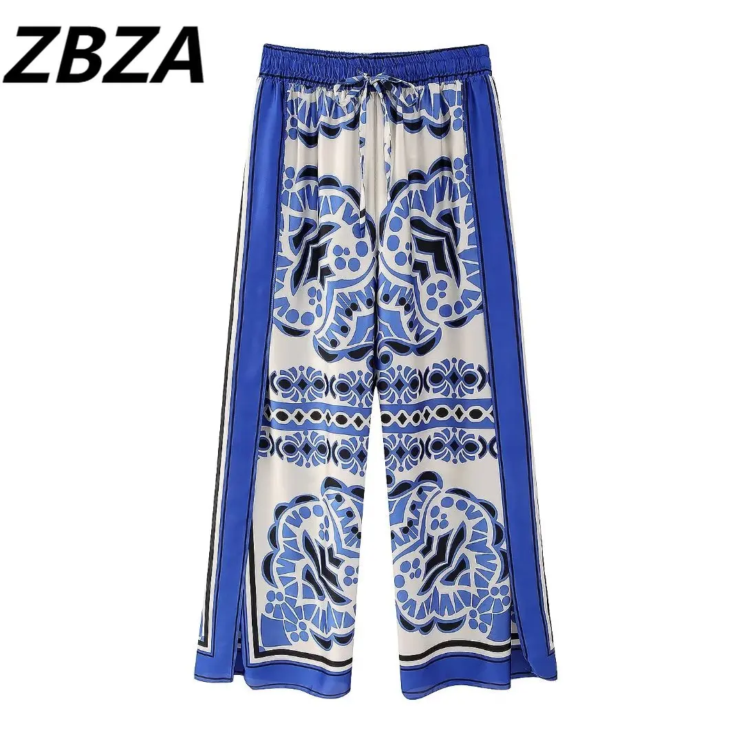 

ZBZA Women 2023 New Chic Fashion Summer Printing Stay At Home Pants Vintage High Elastic Waist Female Ankle Trousers