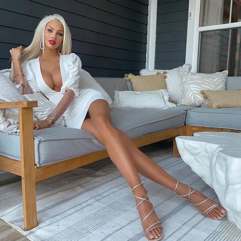 

New patchwork dress women's backless V-neck mesh drill buttock skirt