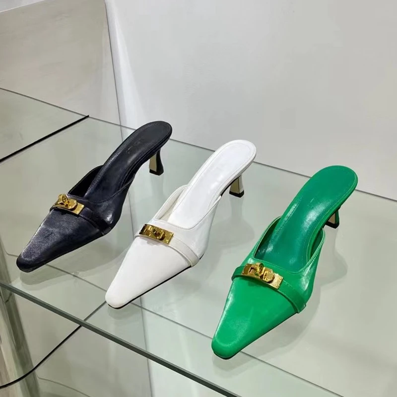 Summer 2022 Womens Pointy Bow-Top Slingback Slippers Metal Clasp Kitten Heels Medium Heels Ladies Elegant Shallow Shoes Women