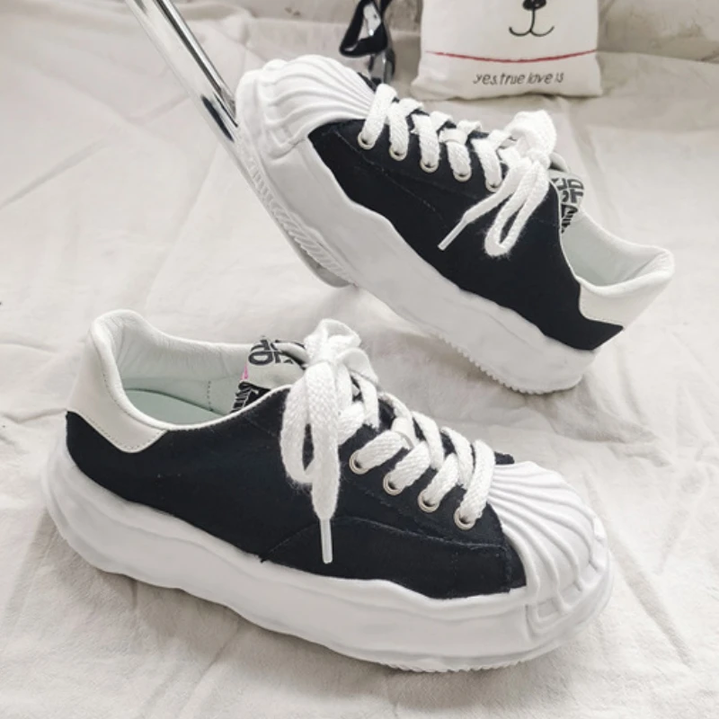 Женские парусиновые кроссовки, новинка, Студенческая парусиновая обувь на толстом каблуке, Белая обувь на шнуровке, Вулканизированная спор...