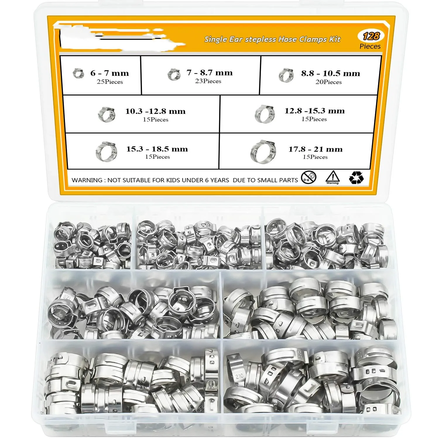 

128pcs 304 Stainless Steel Single Ear Stepless Hose Clamps Clamp Assortment Kit Crimp Pinch Rings for Securing Pipe Hoses