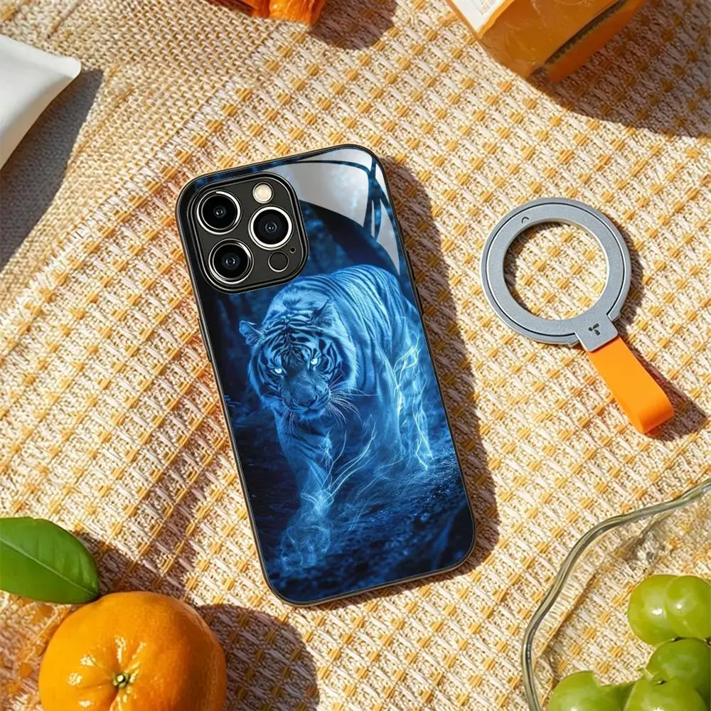 Фото Элитный модный чехол для телефона с изображением белого тигра для iPhone 17 Air, 16, 15, 14, 13, 12, 11 Plus, Mini, Pro, Max, стеклянный магнитный чехол №2