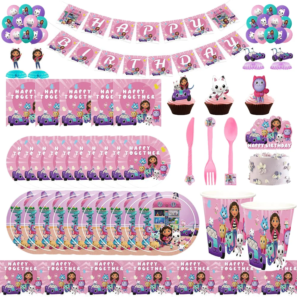 

Pink Gabby Dollhouse Cats Birthday Party Decoration Disposable Tableware Tablecloth More Baby Shower for Kids Girls Party Supply