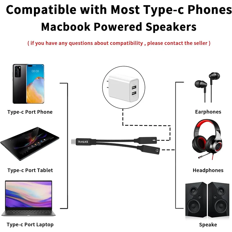 Кабель Для Быстрой Зарядки PD 60 Вт Разветвитель USB C 2-в-1 Аудиоадаптер С Разъемом