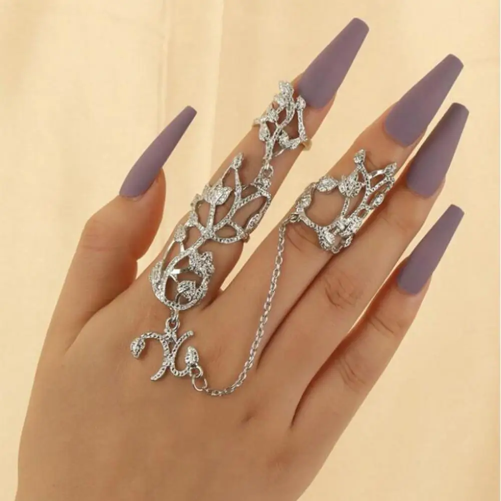 

Hot！Fashion Chain Link Ring Anti-allergy Jewelry Full Rhinestone Retro Flower Link Ring for Girl Jewelry Party Gift Accessories
