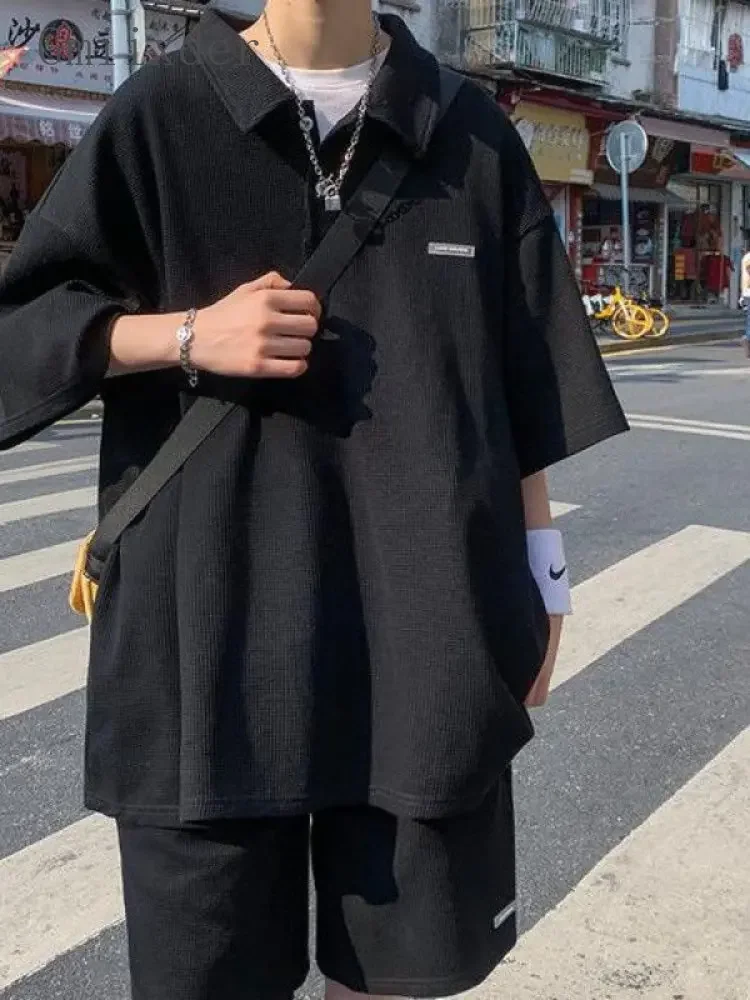 

Summer Two-piece Suit Men Women Cool Lapel Shirt Trend Waffle T Shirt Short Half Pants Unisex Hip Hop Urban Cityboy Set