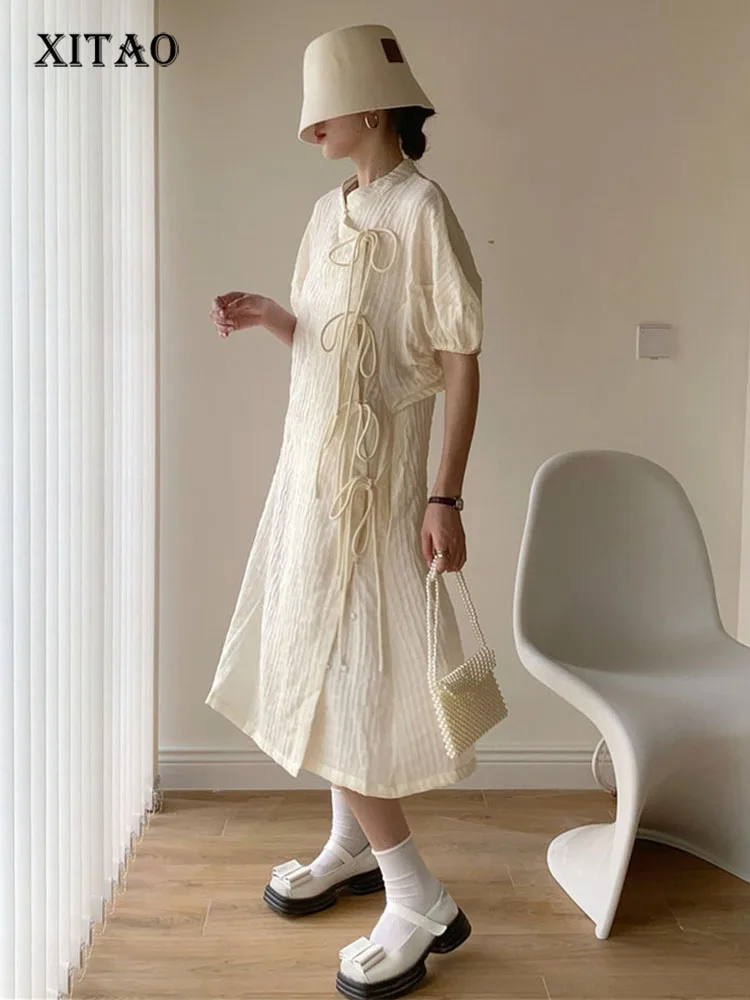 

XITAO Women Fashion Dress Drawstring Solidi Color Thin Goddess Fan Casual Bow 2022 Summer Minority Loose Dress Top WLD8074