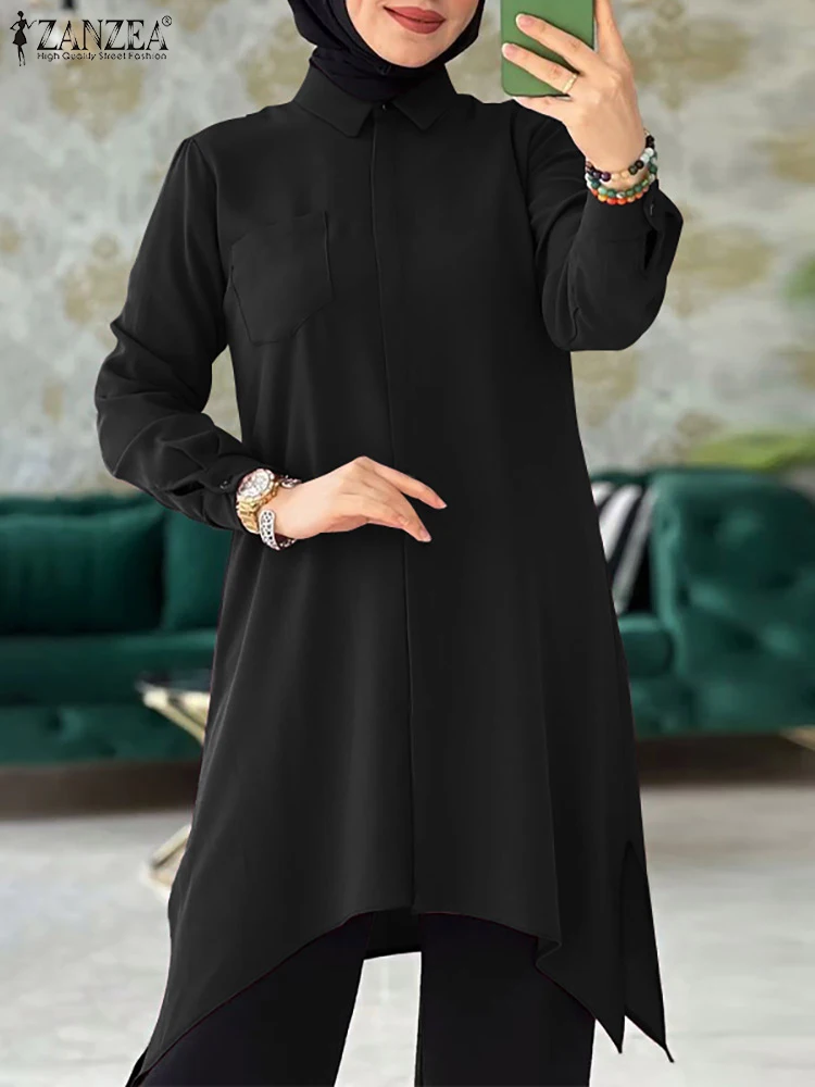 

ZANZEA Casual Muslim Blouse Autumn Vintage Abaya Kaftan Tops Women Irregular Hem Long Sleeve Lapel Neck Dubai Shirt