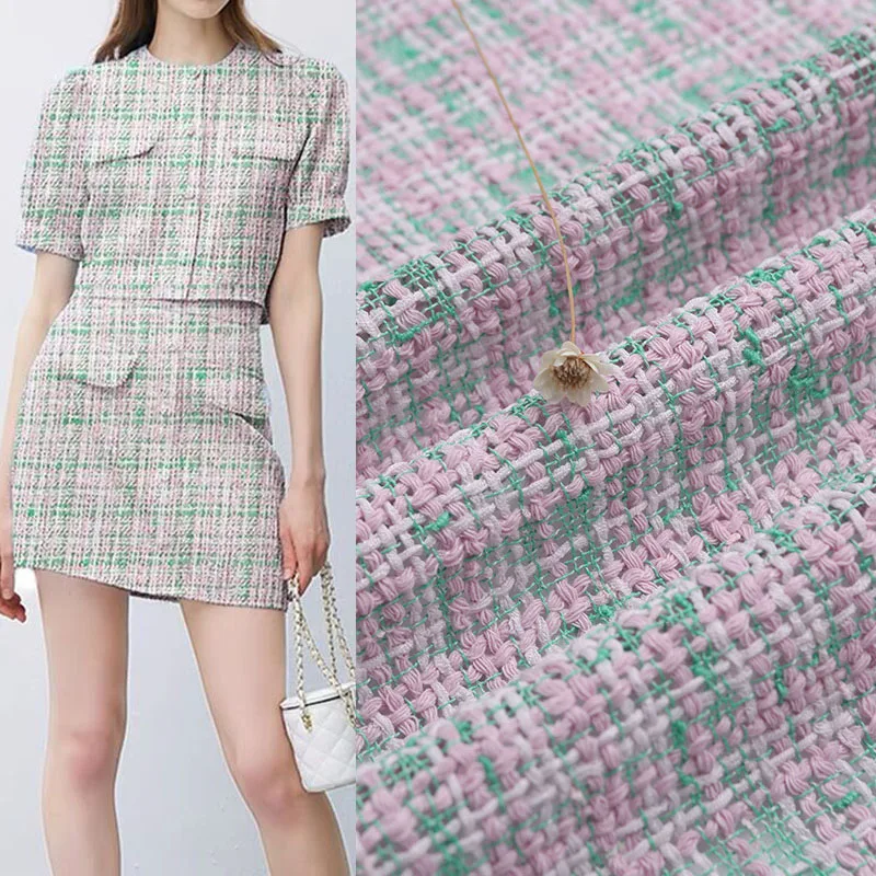 

50x145cm Pink Green Lattice Tweed Fabric For Women Coat Dress Telas Por Metro Tissus Au MÈTre Ткань Для Шитья Одежды DIY Cloth