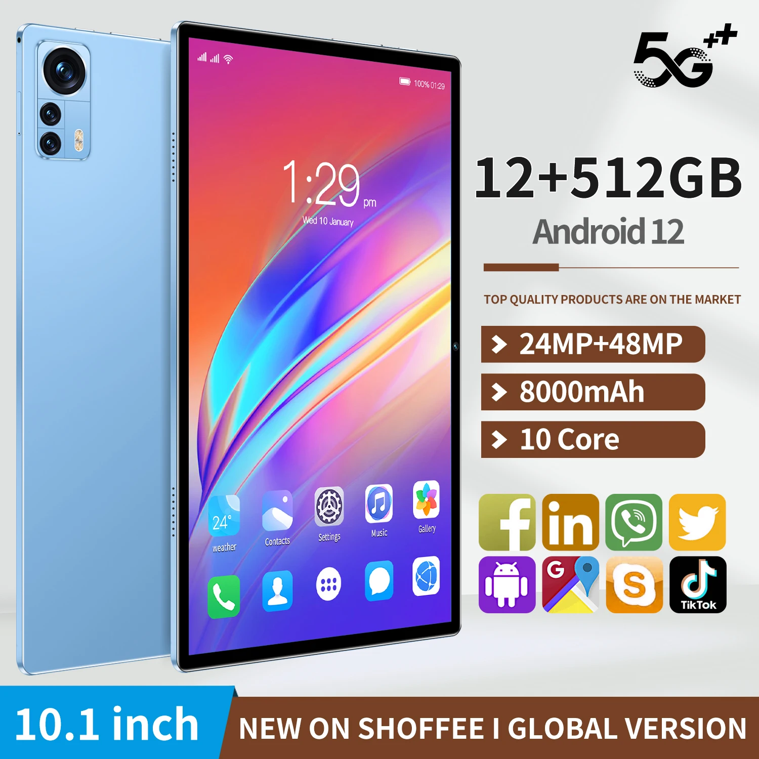 

Pro 10.1 Inch Tablets Octa Core 12GB RAM 512GB ROM Android 11 Google Play Dual 5G Network GPS Bluetooth WiFi Tablet PC