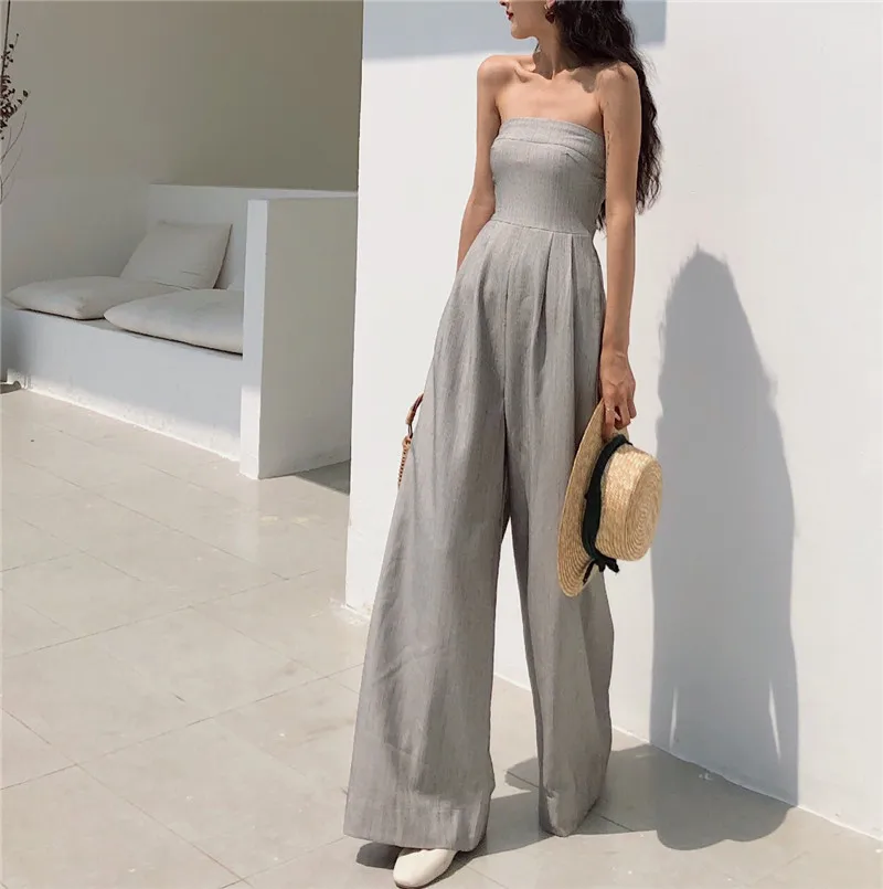 2022 New Spring and Autumn Retro One-shoulder Fashion Temperament Slim High Waist Slim Tube Top Jumpsuit Wide Leg Jumpsuit