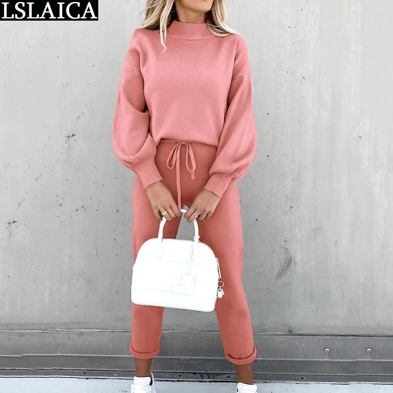 Knitted Two Piece Women Sets Long Sleeve Sweatshirt Woman Pants Tracksuit Female 2 Pices Set Outfits Womens Autumn Plush Casual
