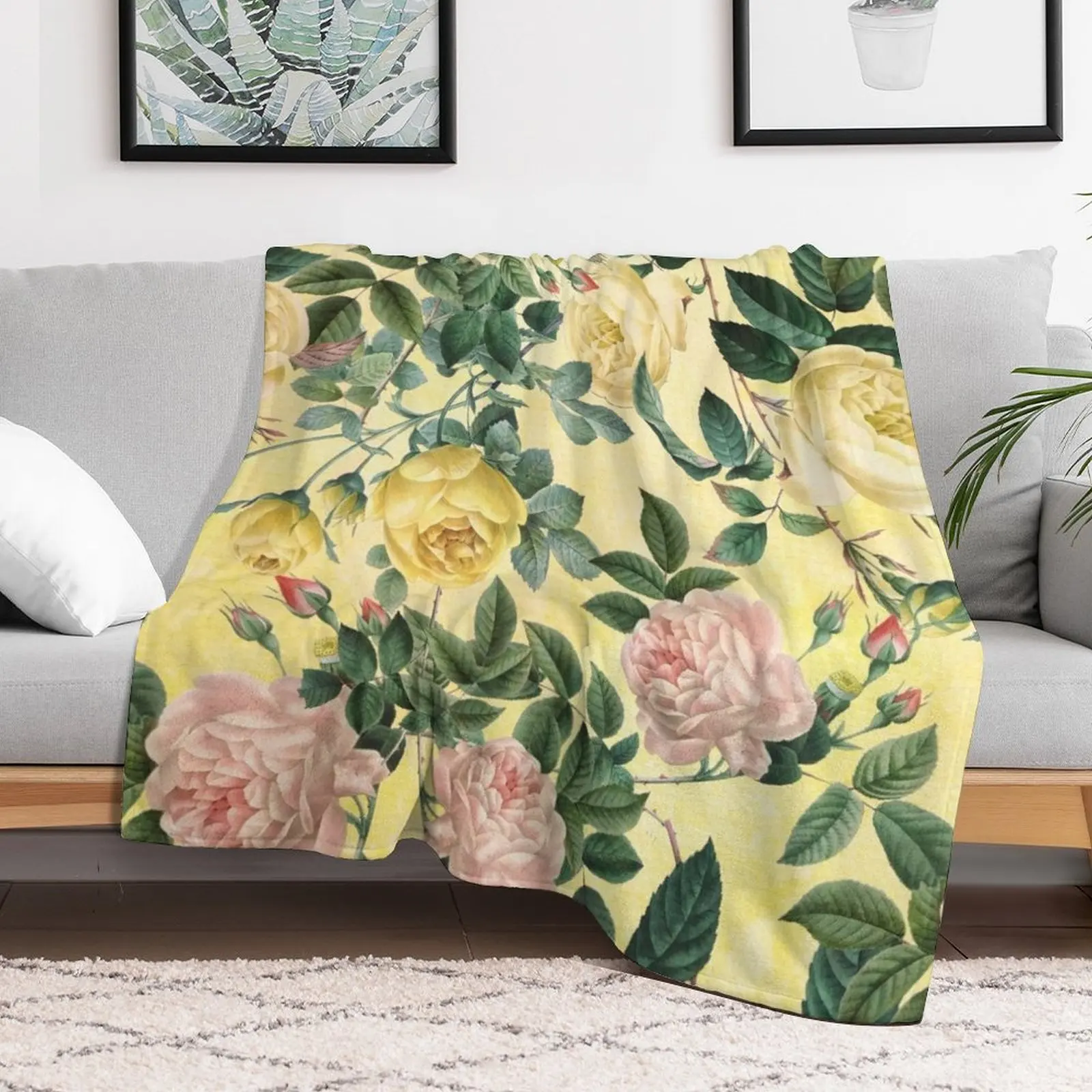 Redouté желтое летнее розовое ботаническое садовое одеяло одеяла и пледы мягкая