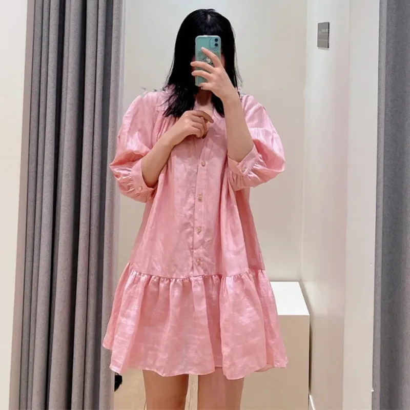 

Slim Pink V-Neck Puff Sleeve Woman Summer French Dress Woman French Sweet Dresses High Version Ladies Elegant Slim Dresses ML196