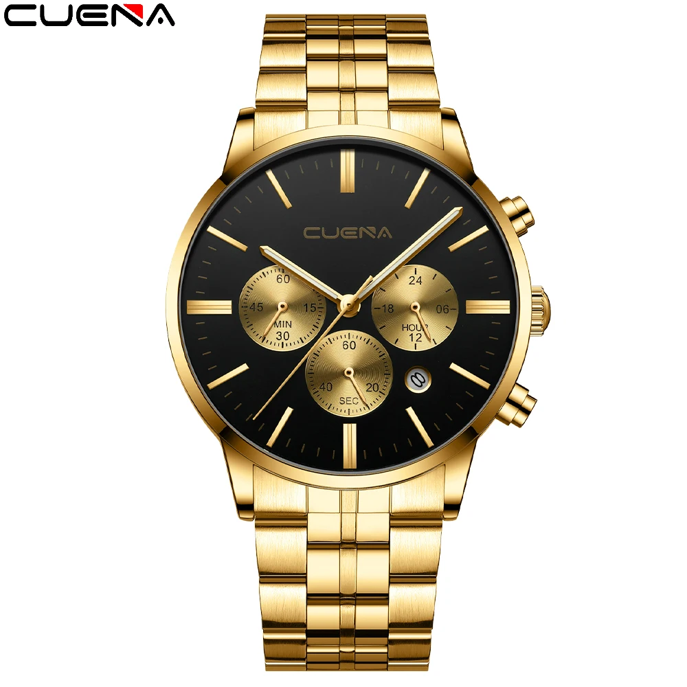 

CUENA New Men's Casual Fashion Quartz Watch Military Stainless Steel Sports Waterproof Calendar Luminous Timer Relogio Masculino