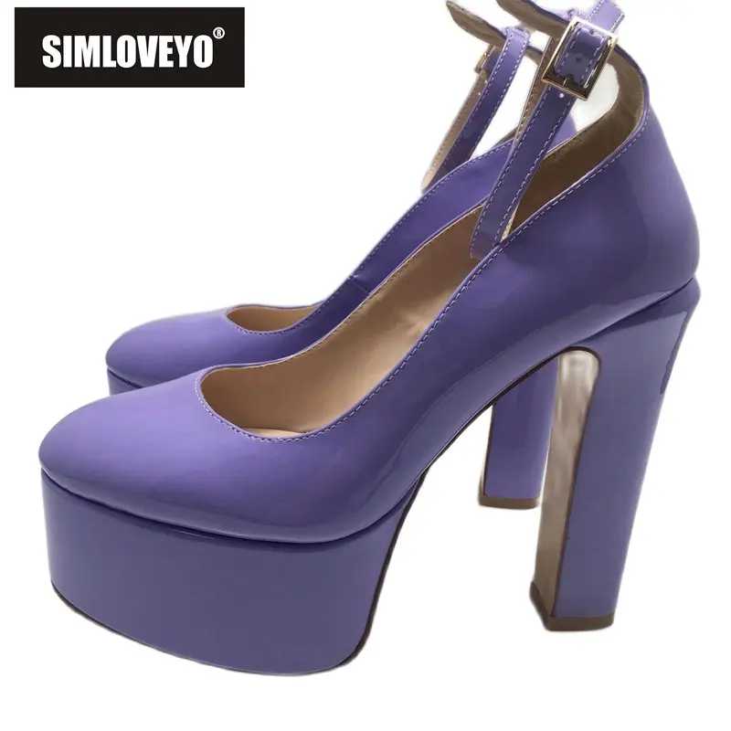 

SIMLOVEYO Ladies Pumps Patent Leather Round Toe 14CM High Block Heels Buckle Strap Plus Size 34-43 Sexy Wedding Shoes A4639