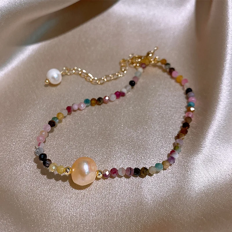 Hot Sell Simple Design Tourmaline Stone & Natural Freshwater Pearl 14K Gold Filled Female Charm Bracelet Jewelry For Women Gifts