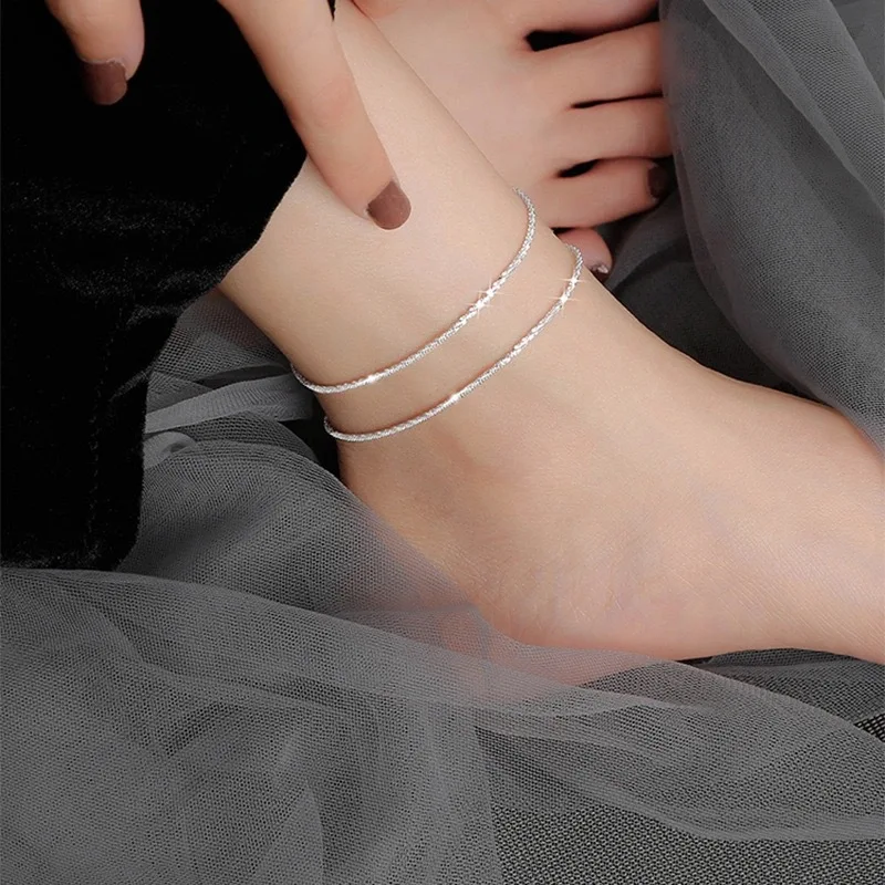

Thin Stamped Minimalist Silver Color Shiny Chains Anklets for Women Girls Friend Foot Jewelry Leg Barefoot Bracelet Accessories